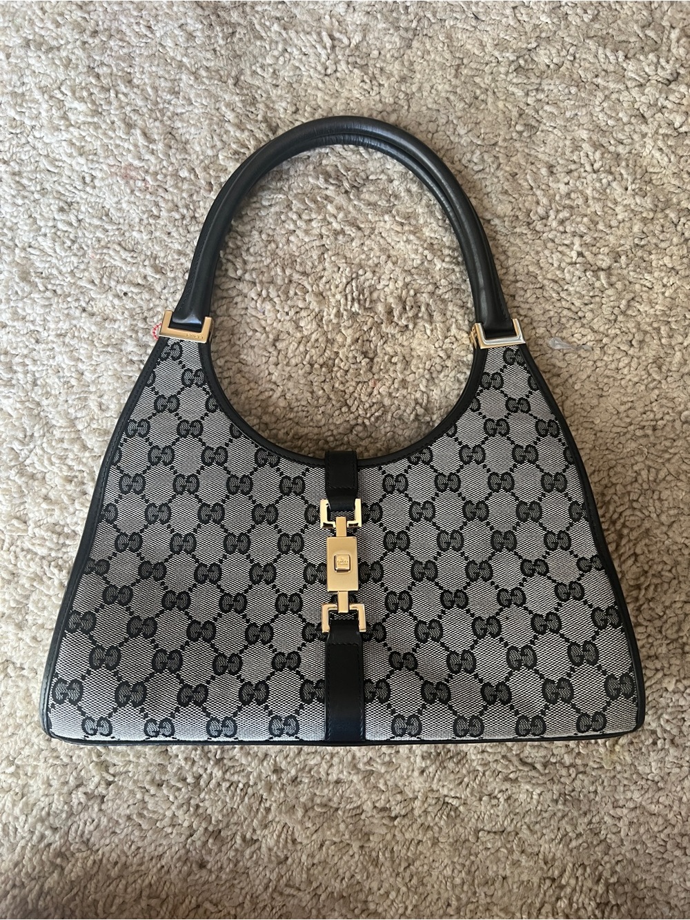 Gucci Monogram Canvas Shoulder Bag in Black and Gray with Gold Hardware